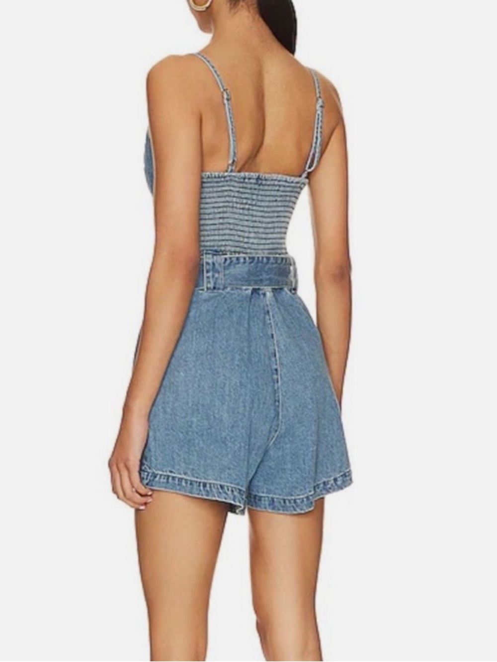 Show me Your MuMu Revolve Sloane Denim Belted Romper Spaghetti Strap Sz L - Picture 2 of 13